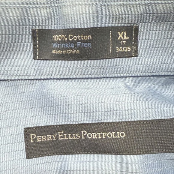 Perry Ellis Portfolio XL‎ 17 34/35 Blue Cotton Dress Shirt Wrinkle Free Mens - Picture 5 of 6
